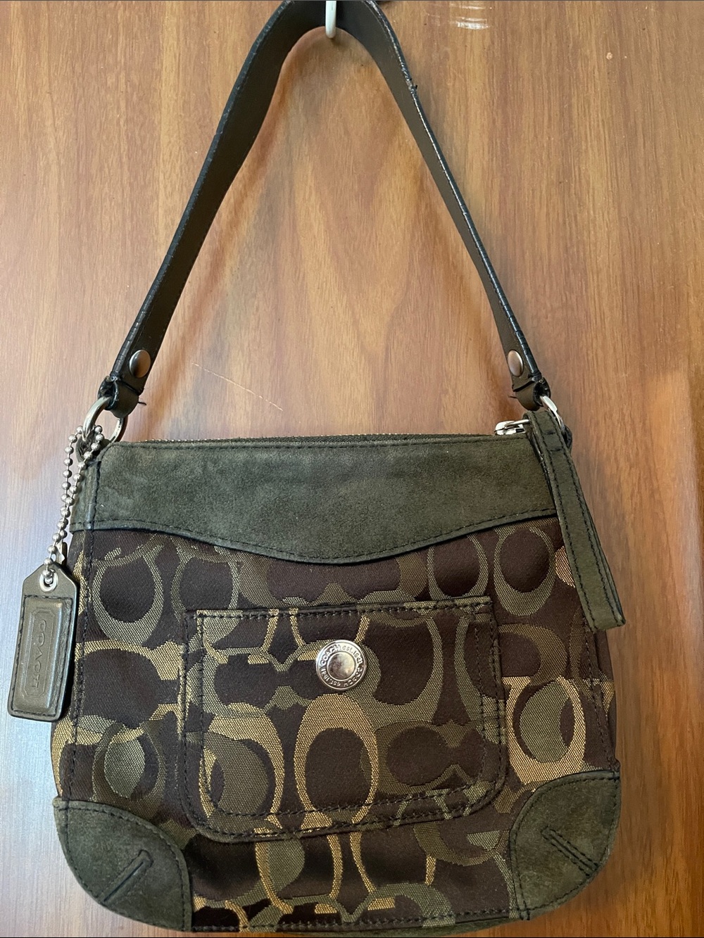 Vintage Coach Brown Signature C Canvas Shoulder Bag with Olive Suede (2004)